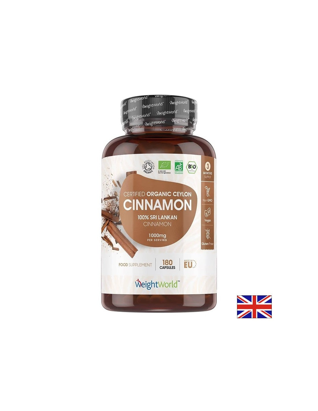 Gewichts- und Blutzuckerkontrolle - Ceylon -Zimt (Bio), 1000 mg x 180 Kapseln Gewicht Welt