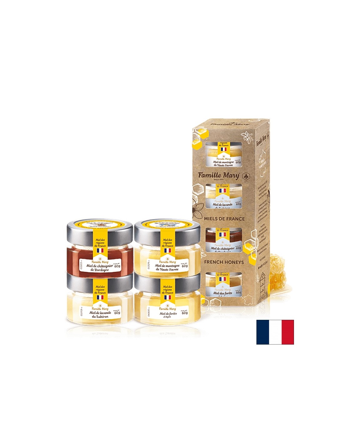 Auswahl von Bienenhoneys aus Frankreich - Miels de France, 4 PCs. x 60g