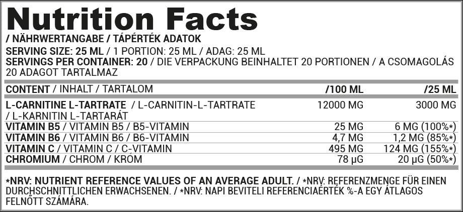 L-Carnitin-Flüssigkeit Schuss 3000 | mit Chrom - 20 x 25 ml
