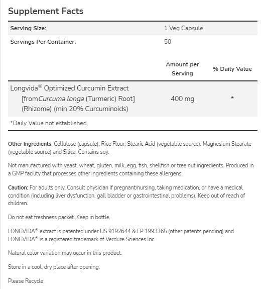 Curcubrain ™ 400 mg | Longvida® optimierte Curcumin - 50 Kapseln