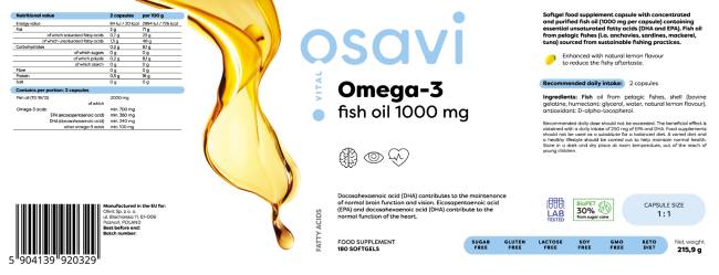 Omega 3 Fischöl 1000 mg / Zitronengeschmack - 180 Gelkapseln