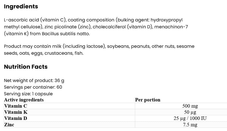 Vitamin D3 2000 + K2 MK-7 / + Vitamin C + Zink 60 Kapseln