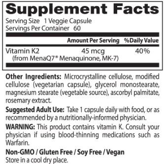 Beste natürliche Vitamin K2 MK -7 45 mcg - 60 Kapseln