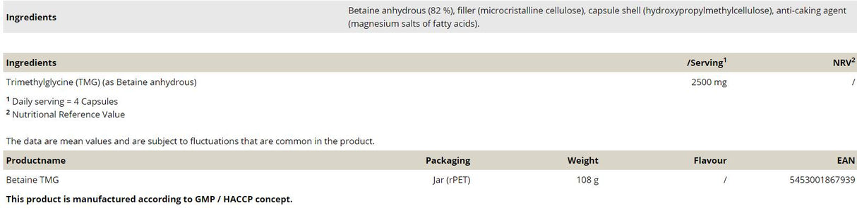 Betain TMG 750 mg - 120 Kapseln