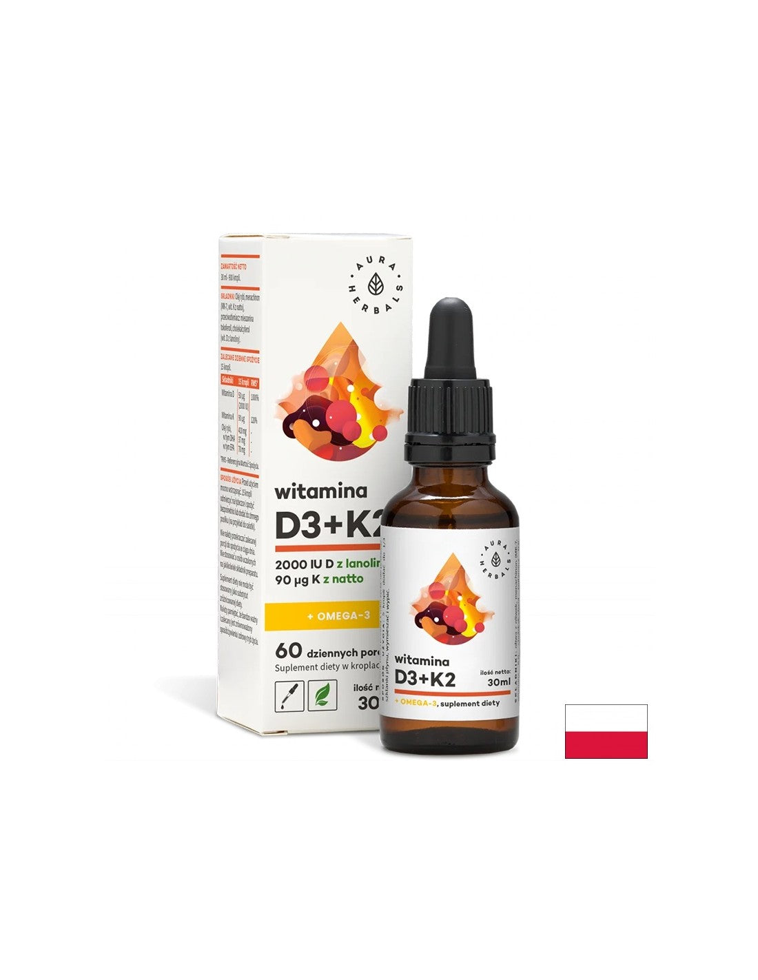 Zur Unterstützung von Knochen, Immunsystem und Gehirnfunktion - Vitamin D3 + K2 + Omega-3, 30 ml Tropfen <tc>Aura Herbals</tc>